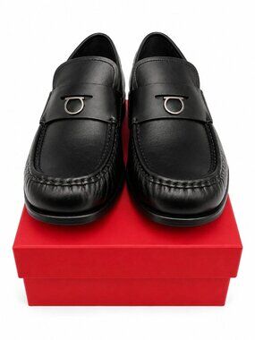 Ferragamo Delmo 12 EE Penny Gancini Black Leather Dress Loafers Men's Casual